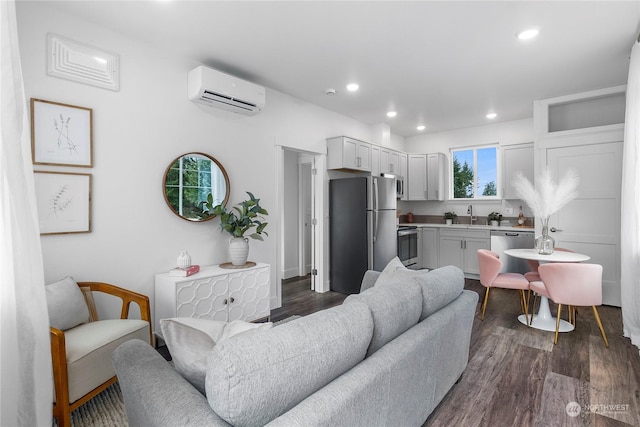 living room with a wall mounted air conditioner, dark hardwood / wood-style floors, and sink