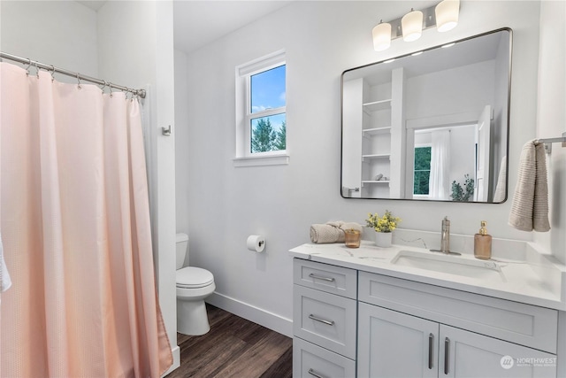 bathroom featuring vanity, hardwood / wood-style flooring, toilet, and walk in shower