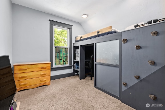 carpeted bedroom with lofted ceiling