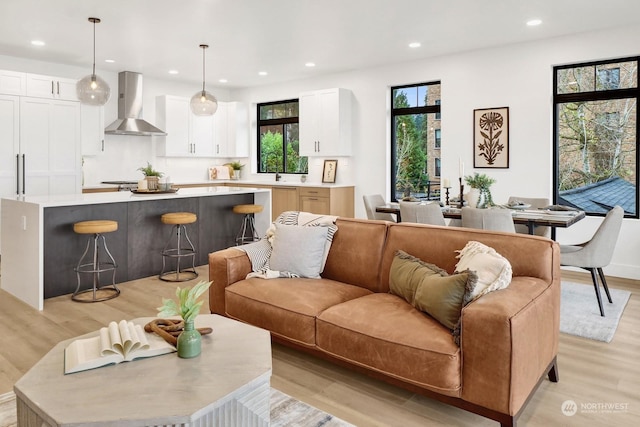 living room with sink and light hardwood / wood-style floors