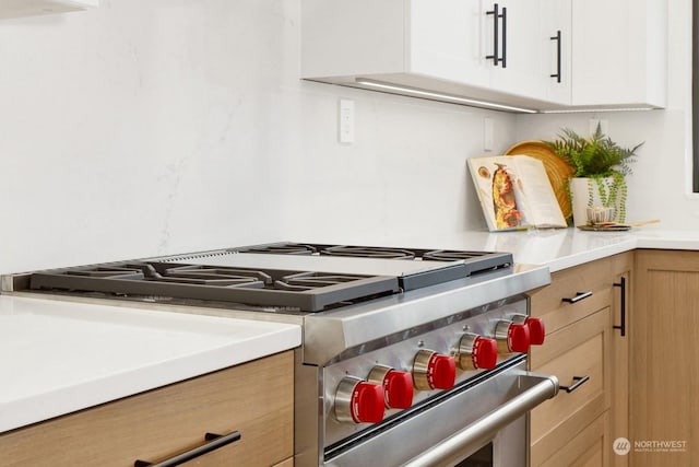 kitchen with white cabinetry, light brown cabinetry, and high end stainless steel range oven