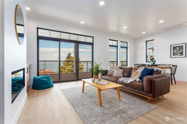 living room with light hardwood / wood-style flooring