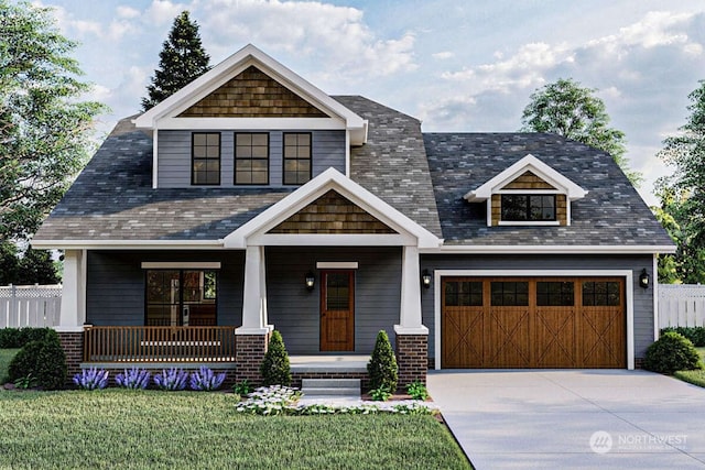 craftsman-style home featuring a front lawn, a porch, and a garage