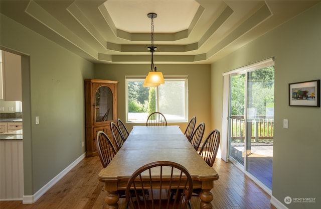 dining area with a raised ceiling and hardwood / wood-style flooring