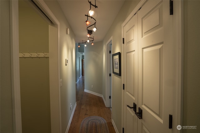 hallway featuring wood-type flooring and rail lighting