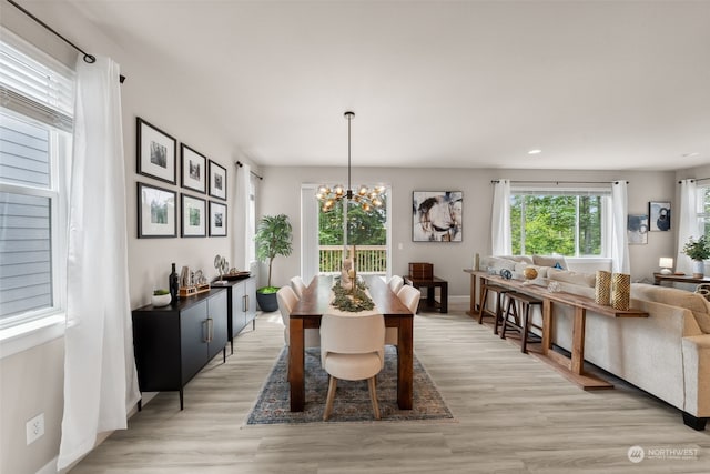 dining room with light hardwood / wood-style floors and a chandelier