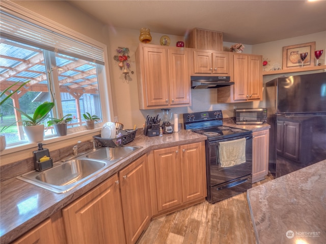 kitchen with sink, light wood-type flooring, and black appliances