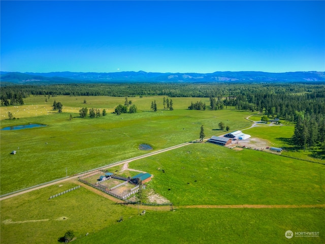 birds eye view of property with a mountain view and a rural view