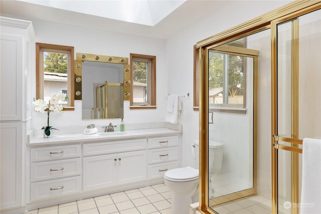 8167 Possession Ridge Ln, Clinton, WA 98236 - bathroom with walk in shower, a healthy amount of sunlight, toilet, and vanity