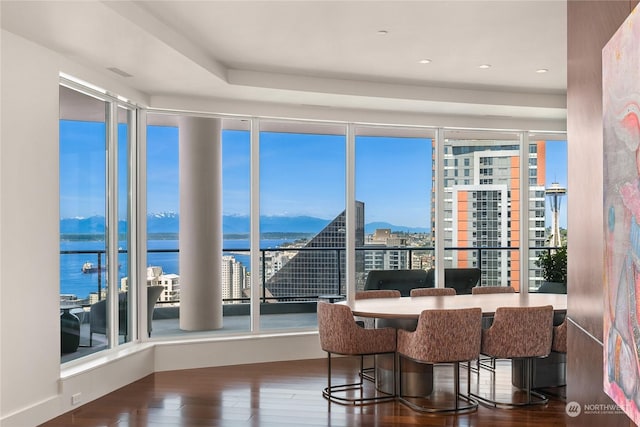 dining area featuring dark wood-type flooring and a water and mountain view