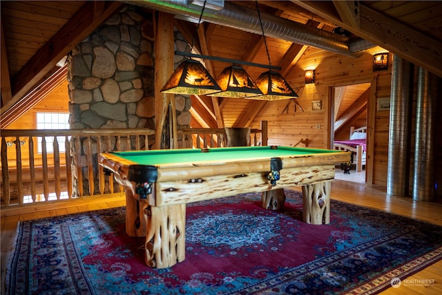 recreation room with pool table, lofted ceiling with beams, and light wood-type flooring