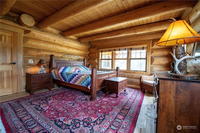 bedroom featuring wood ceiling, beamed ceiling, wood-type flooring, and rustic walls