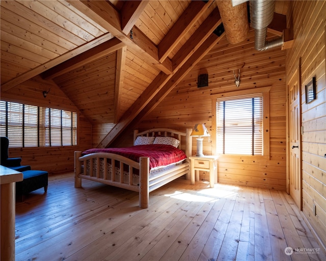 unfurnished bedroom with wood walls, lofted ceiling with beams, hardwood / wood-style flooring, and wood ceiling