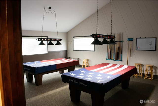 playroom with carpet floors, vaulted ceiling, and pool table