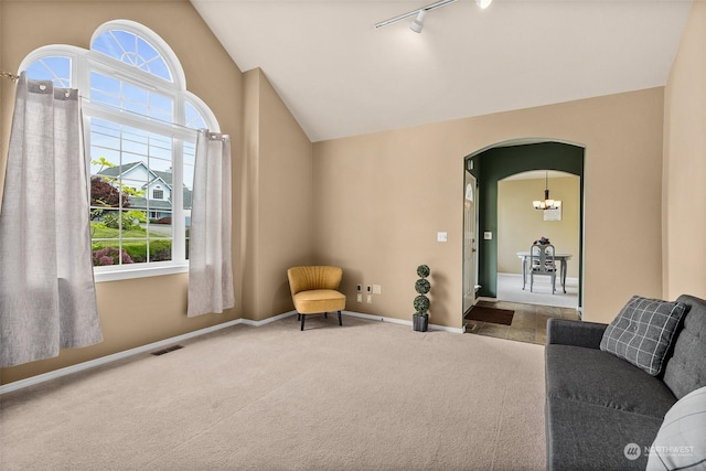 carpeted living room with rail lighting and vaulted ceiling