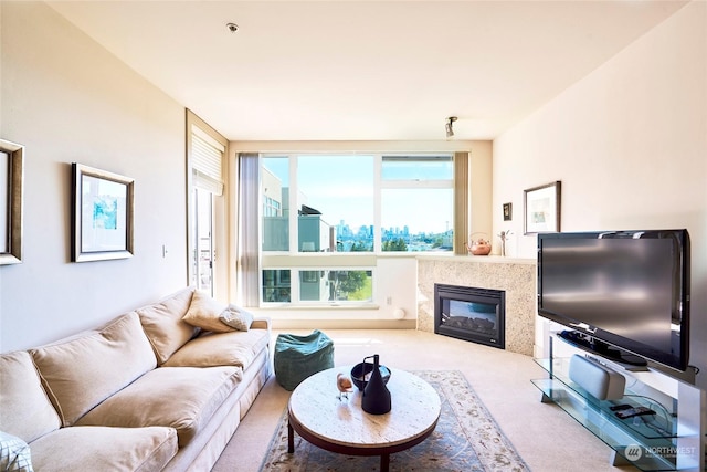 carpeted living room featuring a high end fireplace