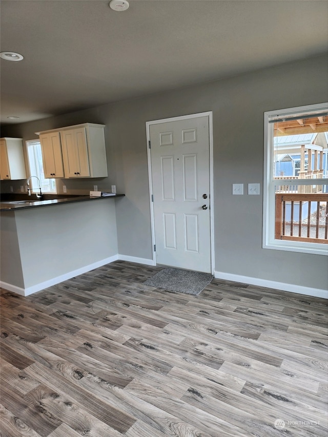 kitchen with white cabinets and light hardwood / wood-style flooring