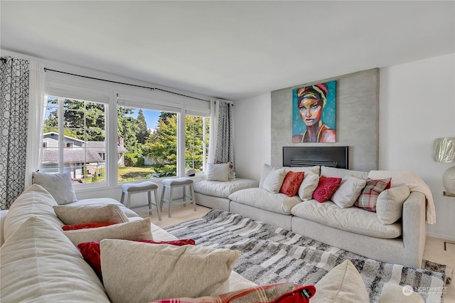 living room with a fireplace