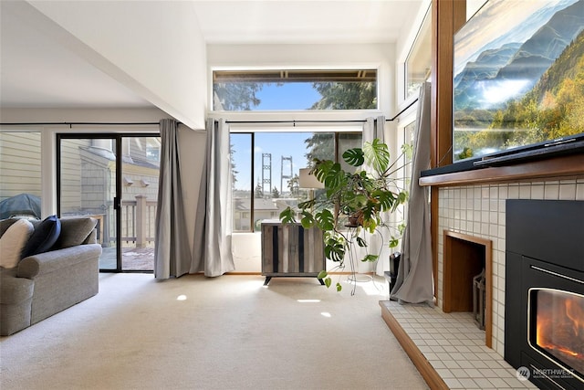 carpeted living room with a fireplace