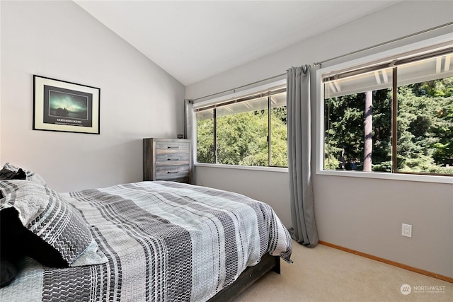 bedroom featuring vaulted ceiling and light colored carpet