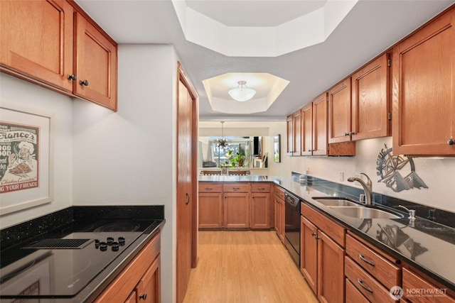 kitchen featuring light hardwood / wood-style floors, a raised ceiling, sink, and black appliances