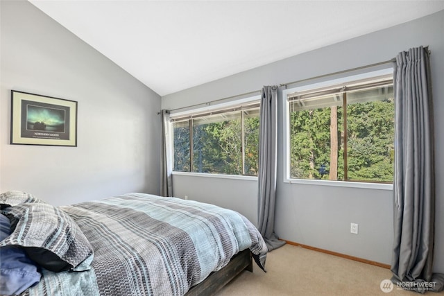 bedroom with vaulted ceiling and light colored carpet