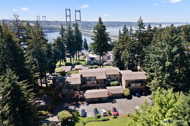 bird's eye view with a water view