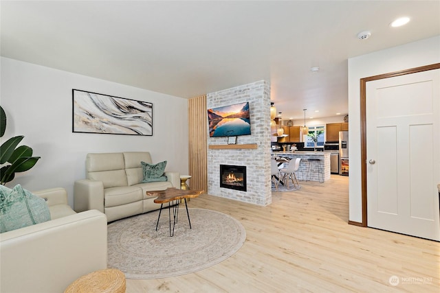 living room with a fireplace and light hardwood / wood-style flooring