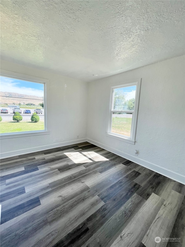 unfurnished room with dark hardwood / wood-style flooring and a textured ceiling