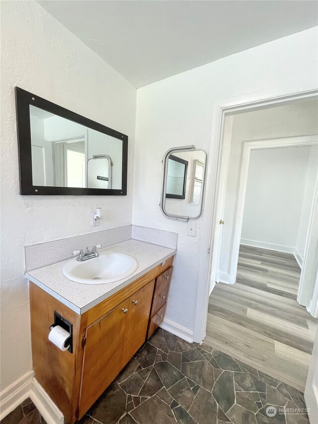 bathroom with hardwood / wood-style flooring and large vanity