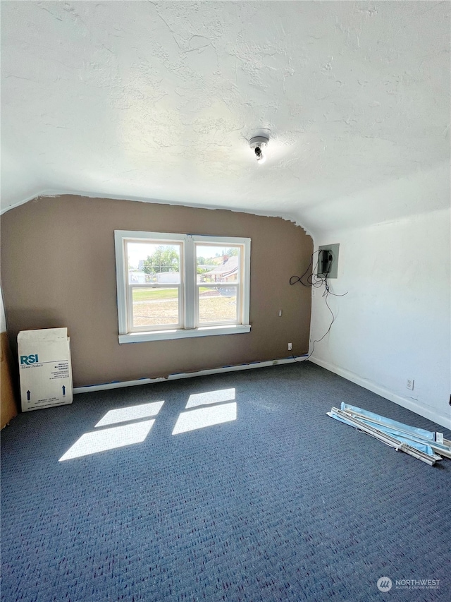 empty room featuring dark colored carpet, a textured ceiling, and lofted ceiling