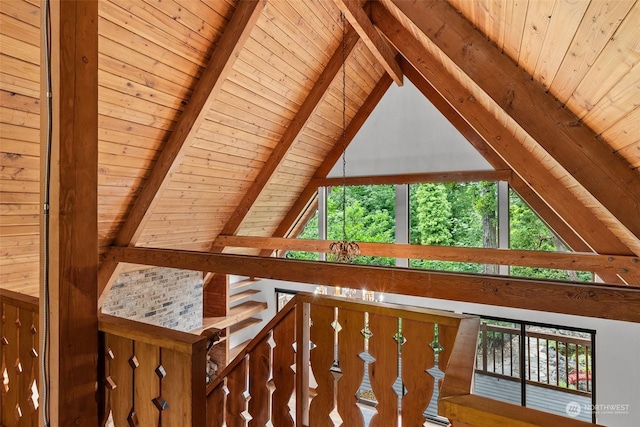 room details featuring wooden walls, beamed ceiling, and wooden ceiling