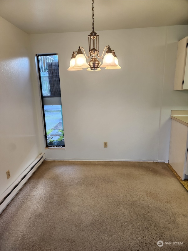 unfurnished dining area featuring a baseboard heating unit, a notable chandelier, and carpet