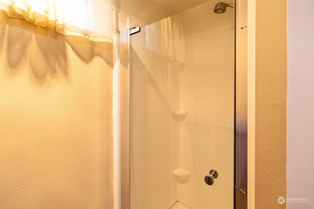 interior space featuring a shower with shower door