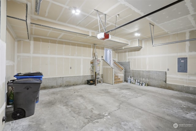 garage featuring strapped water heater, a garage door opener, and electric panel