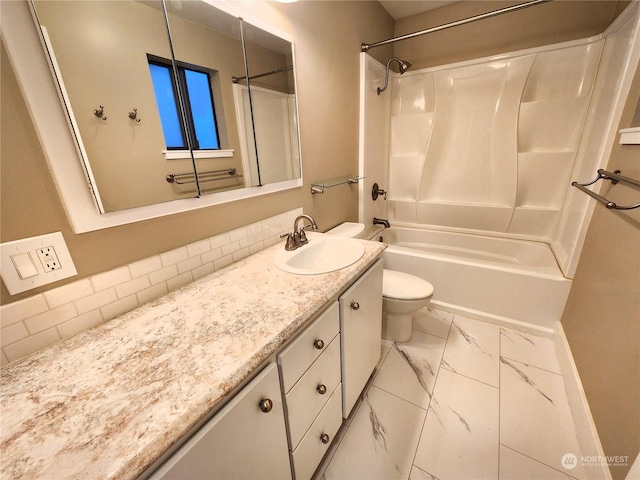 full bathroom with toilet, vanity, bathtub / shower combination, and decorative backsplash