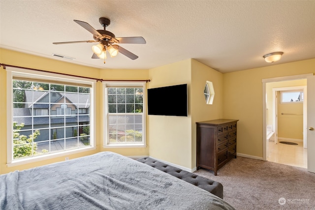 bedroom featuring multiple windows, carpet, a textured ceiling, and ceiling fan