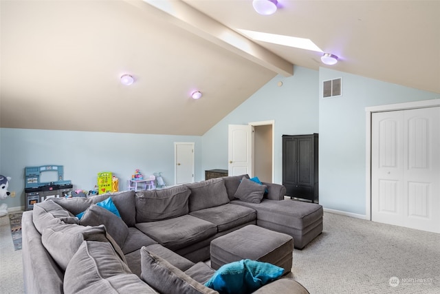 carpeted living room featuring lofted ceiling with beams