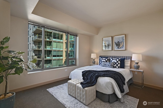 bedroom with multiple windows and dark carpet