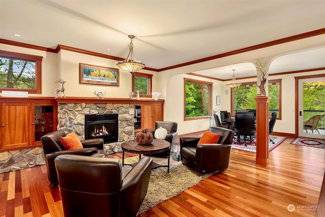 living room with light hardwood / wood-style flooring, ornamental molding, and a stone fireplace