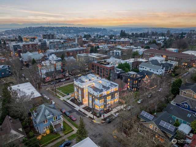 view of aerial view at dusk