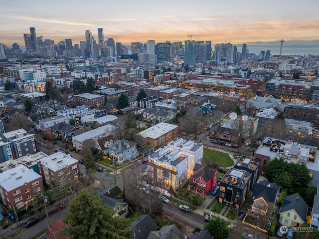 view of aerial view at dusk