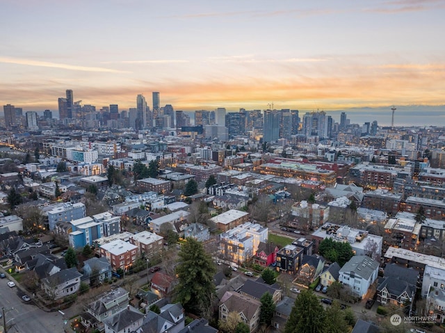 view of aerial view at dusk