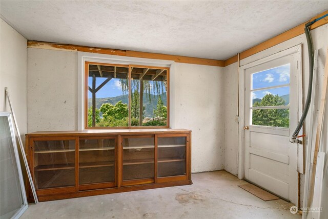 doorway to outside with plenty of natural light and a textured ceiling