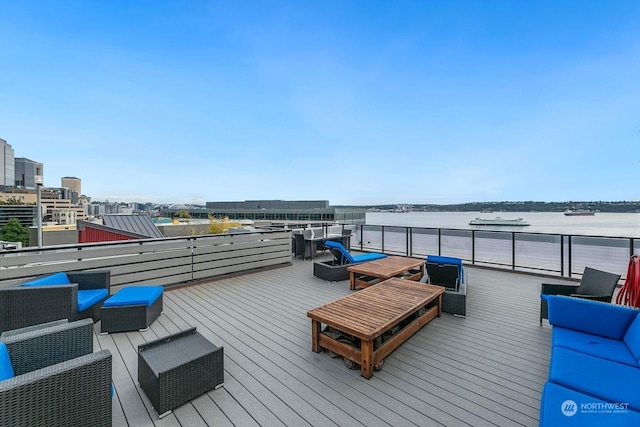 deck featuring a water view