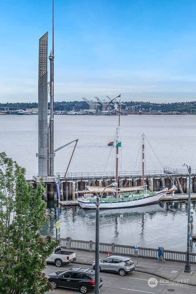 property view of water featuring a boat dock