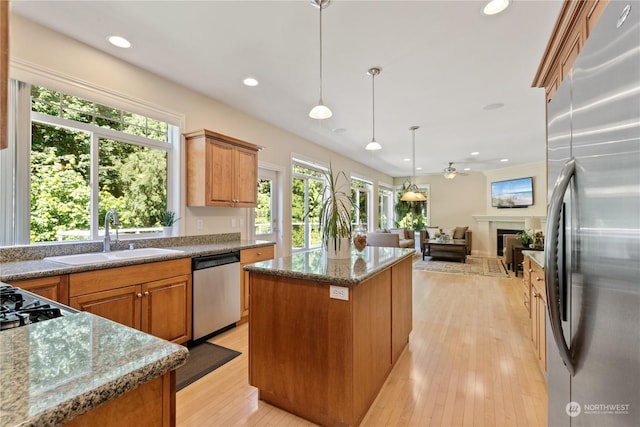 3377 Topaz Ct, Bellingham, WA 98226 - kitchen featuring appliances with stainless steel finishes, a fireplace, a center island, open floor plan, and light wood-style flooring