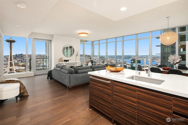 living room featuring dark hardwood / wood-style flooring, expansive windows, a water view, and sink