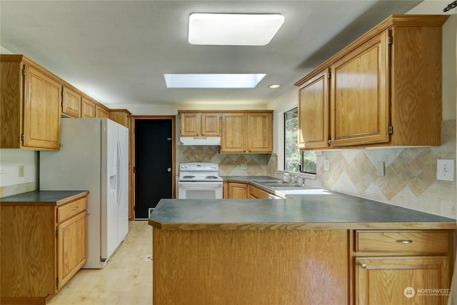 kitchen featuring white appliances, sink, a skylight, tasteful backsplash, and kitchen peninsula