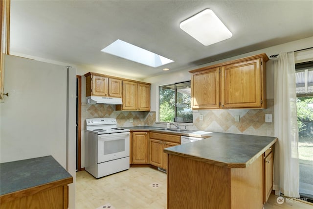 kitchen with a skylight, sink, tasteful backsplash, kitchen peninsula, and white appliances